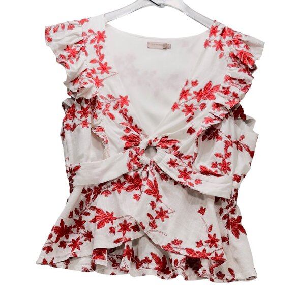 SKYLAR ROSE Women’s Top Cotton Linen Look Floral Embroidered Peplum Waist Size M - Picture 3 of 11